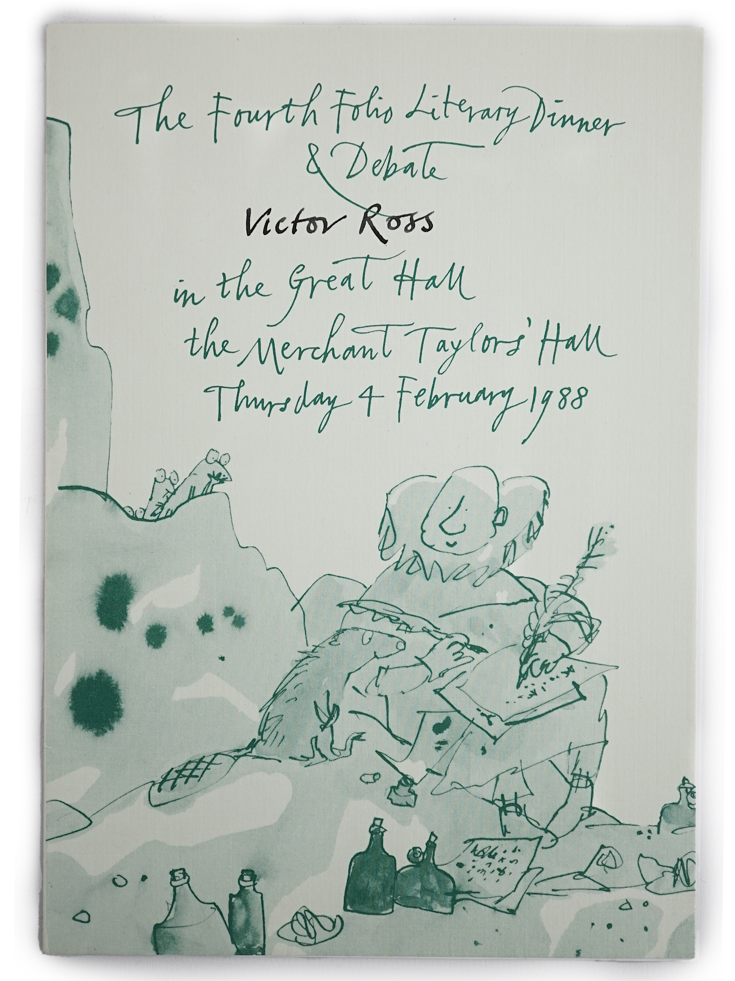 Quentin Blake illustrated menu, signed by Quentin Blake, produced for the Fourth Folio Literary Dinner and Debate at the Merchant Taylor’s’ Hall Thursday 4 February 1988, signed and dated by Blake. Condition - good